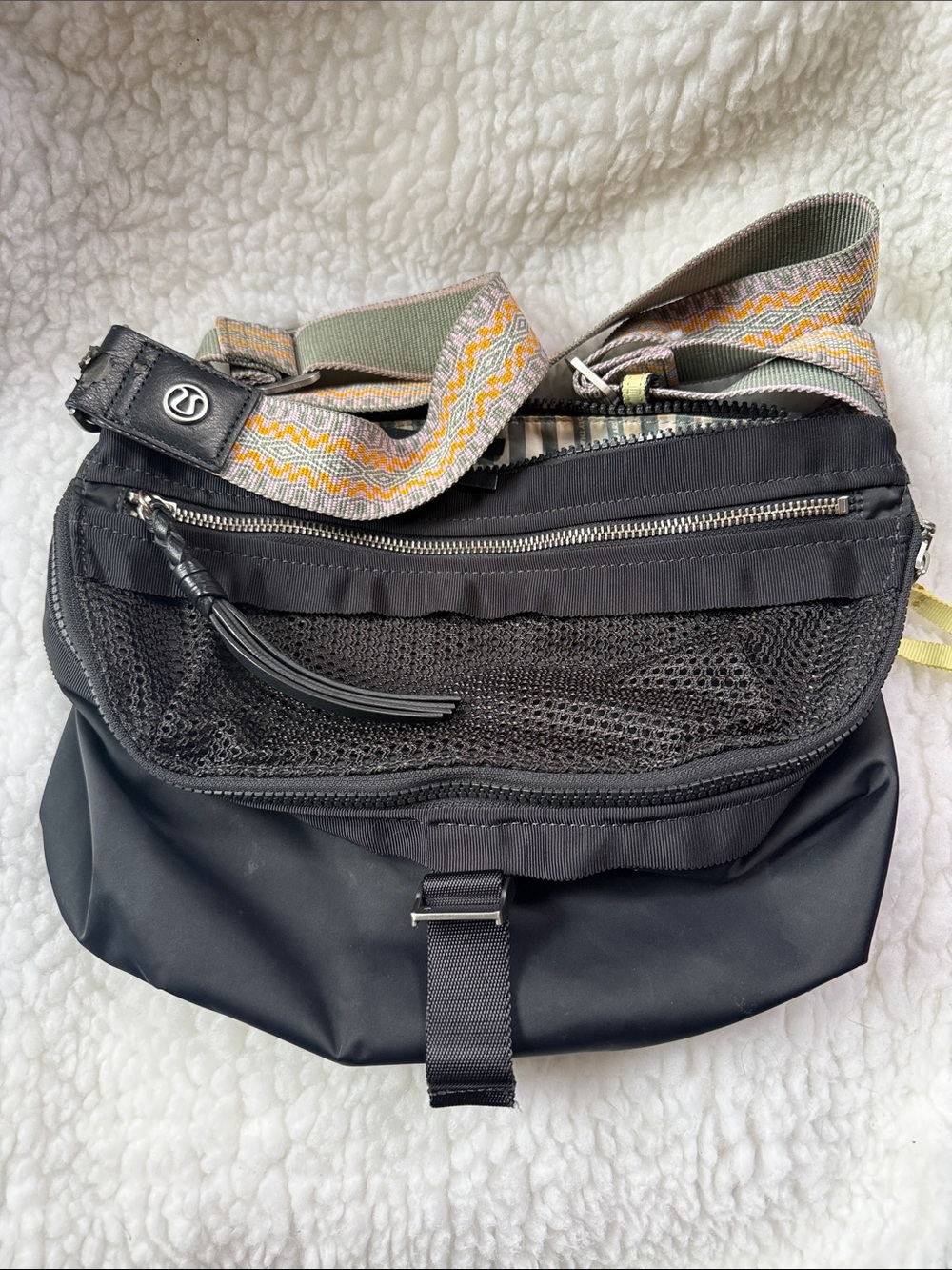 lululemon athletica Black Crossbody Bag with Yellow-Gray Woven Strap